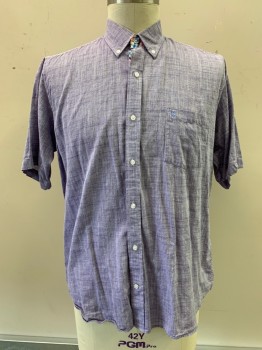 Mens, Casual Shirt, TAILOR BRYD, Purple, Cotton, Heathered, XL, S/S, Button Front, Collar Attached, Chest Pocket