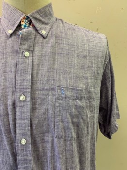 Mens, Casual Shirt, TAILOR BRYD, Purple, Cotton, Heathered, XL, S/S, Button Front, Collar Attached, Chest Pocket