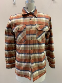 Mens, Casual Jacket, PATAGONIA, Orange, Cream, Khaki Brown, Navy Blue, Cotton, Polyester, Plaid, S, L/S, Button Front, Collar Attached, Chest Pocket