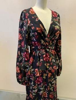 Womens, Dress, Long & 3/4 Sleeve, A.L.C., Black, Pink, Sage Green, Red Burgundy, Silk, Floral, Sz.0, Chiffon, Surplice V-Neck With Knotted Detail At Bust, Puffy Sleeves Gathered At Shoulders, Peplum Waist, Mid Calf Length, High/Low Hemline