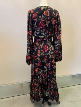 Womens, Dress, Long & 3/4 Sleeve, A.L.C., Black, Pink, Sage Green, Red Burgundy, Silk, Floral, Sz.0, Chiffon, Surplice V-Neck With Knotted Detail At Bust, Puffy Sleeves Gathered At Shoulders, Peplum Waist, Mid Calf Length, High/Low Hemline