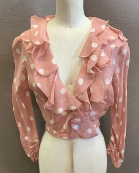 Womens, Blouse, NL, Dusty Rose Pink, White, Rayon, Polka Dots, B34, XS, Deep V-neck, Ruffle Front, Long Sleeves, Cropped, Elastic Waist, Zip Front,