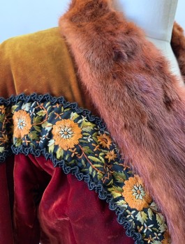 Womens, Historical Fiction Jacket, N/L MTO, Rust Orange, Caramel Brown, Cotton, Fur, W:26, B:34, Velvet, with Mink Fur Shawl Collar & Cuffs, Contrasting Shoulders, Black Floral Trim, Large Passementarie Loop at CF with Corded Ties with Tassels