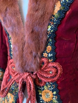 Womens, Historical Fiction Jacket, N/L MTO, Rust Orange, Caramel Brown, Cotton, Fur, W:26, B:34, Velvet, with Mink Fur Shawl Collar & Cuffs, Contrasting Shoulders, Black Floral Trim, Large Passementarie Loop at CF with Corded Ties with Tassels