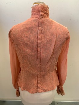 Womens, Historical Fiction Blouse, MTO, Salmon Pink, Multi-color, Silk, Synthetic, Solid, Floral, B38, Hook N Eye Back, Button Sleeves, Floral Bustier Underlay, Faux Button Front *Discolored Cuffs and Collar, Broken Button on Front
