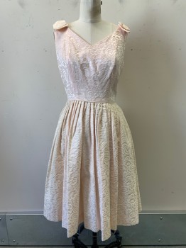 Womens, Evening Gown, T. Paige, Baby Pink, Polyester, Cotton, Floral, W25, B34, Sleeveless, V Neck, Shoulder Bows,, Pleated Skirt, Back Zipper