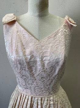 Womens, Evening Gown, T. Paige, Baby Pink, Polyester, Cotton, Floral, W25, B34, Sleeveless, V Neck, Shoulder Bows,, Pleated Skirt, Back Zipper