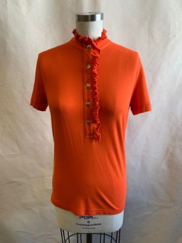 Womens, Top, TORY BURCH, Orange, Cotton, Spandex, S, Stand Collar, Ruffle Trim on Neckline, 1/2 Button Front, S/S, Gold Buttons