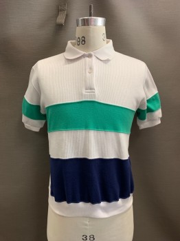 Mens, Polo Shirt, ALFRED DUNNER, White, Turquoise Blue, Dk Blue, Poly/Cotton, Stripes, S, C.A., 2 Bttns, S/S,