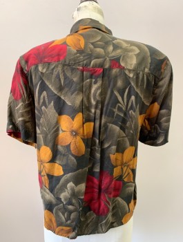 Womens, Blouse, RENA ROWAN, Putty/Khaki Gray, Black, Copper Metallic, Red, Rayon, Floral, B36, 6, S/S, Button Front, Collar Attached, Chest Pocket