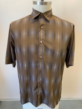 Mens, Casual Shirt, BASSIRI, Brown, Lt Blue, Navy Blue, Cream, Polyester, Squares, Abstract , L, S/S, Button Front, C.A.