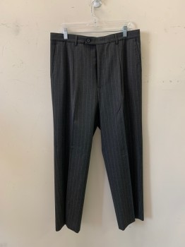 N/L, Dk Gray, Wool, Stripes, Pleated Front, Zip Fly, Bttn. Closure, 4 Pockets, Belt Loops