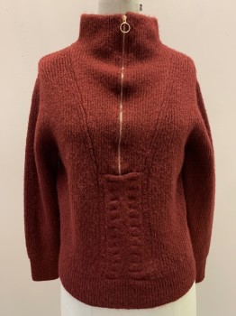 Womens, Pullover, LUSH, Brick Red, Acrylic, Polyester, Solid, S, L/S, High Neck, Zip Front,
