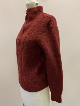 Womens, Pullover, LUSH, Brick Red, Acrylic, Polyester, Solid, S, L/S, High Neck, Zip Front,