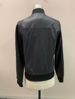 Mens, Leather Jacket, PAUL SMITH, Black, Navy Blue, Leather, Suede, Color Blocking, M, Band Collar, Zip Front, 2 Pockets,