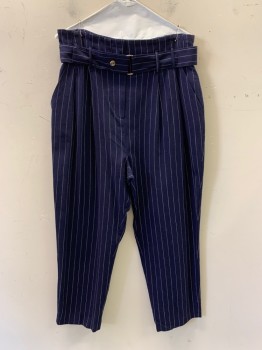 Womens, Slacks, TOP SHOP, Navy Blue, White, Polyester, Cotton, Stripes - Pin, 10, Pleated Front, Paper Bag Style, Side Pockets, Zip Front, Matching Waist Belt