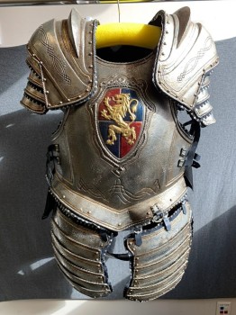 MTO, Silver, Navy Blue, Rubber, Leather, SUIT of ARMOR: Breastplate/Cuirass: Silver Rubber Aged to Look Like Metal, Molded Frame,  Leather Trim with Silver Triangle Metal Detail,  Gold Embossed Detail, Faux Rivets, Gold Lion Crest Front,Front and Back Plates, Leather Buckle Straps at Shoulder and Sides, Velcro Side Closures, Goes with CF036930, Multiple See FC0416700