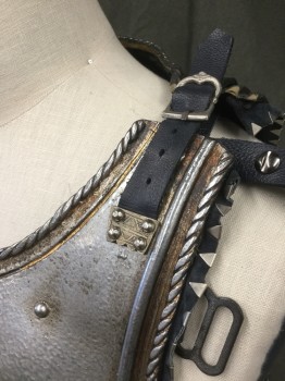 MTO, Silver, Navy Blue, Rubber, Leather, SUIT of ARMOR: Breastplate/Cuirass: Silver Rubber Aged to Look Like Metal, Molded Frame,  Leather Trim with Silver Triangle Metal Detail,  Gold Embossed Detail, Faux Rivets, Gold Lion Crest Front,Front and Back Plates, Leather Buckle Straps at Shoulder and Sides, Velcro Side Closures, Goes with CF036930, Multiple See FC0416700