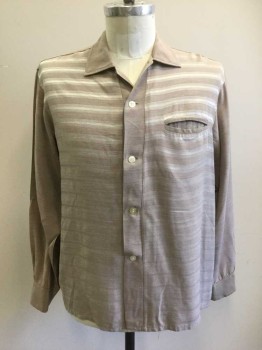 HOUSE OF FASHION, Taupe, Silver, Silk, Stripes - Horizontal , Button Front, Long Sleeves, Collar Attached, 1 Welt Pocket, Solid Sleeves/Collar/Placket