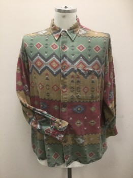 BODONI, Wine Red, Sand, Green, Lt Blue, Charcoal Gray, Cotton, Native American/Southwestern , Long Sleeves, Collar Attached, Button Front, 1 Pocket,