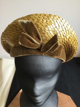 Womens, Hat, I. MAGNIN, Tan Brown, Lt Brown, Straw, Cotton, Solid, Beret, Tan Straw, with Light Brown Velvet Band with Self 3D Bow, Elastic Loop Strap