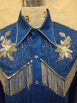 Mens, Western Shirt, PZAZZ DESIGNS, Royal Blue, Silver, Metallic, Polyester, Beaded, Polka Dots, Floral, 33, 15.5, Self Dotted Pattern Satin, Long Sleeves, Snap Front, Collar Attached,  Silver Beaded Fringe At Yoke, Silver Sequined + Beaded Flower Appliques At Chest + Back, Silver Metallic Piping,