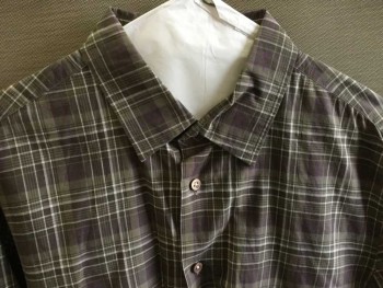 JOHN VARVATOS, Beige, Brown, Violet Purple, White, Cotton, Plaid, Long Sleeves, Button Front, Collar Attached, Grey Pearl Buttons