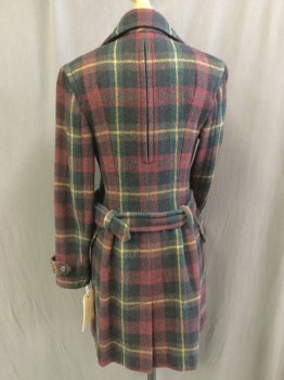RALPH LAUREN, Forest Green, Red Burgundy, Tan Brown, Black, Wool, Plaid, Double Breasted, Notched Lapel, 4 Pockets, Belt Loops, MATCHING BELT with Buckle, Button Tab Cuffs, **With Belt