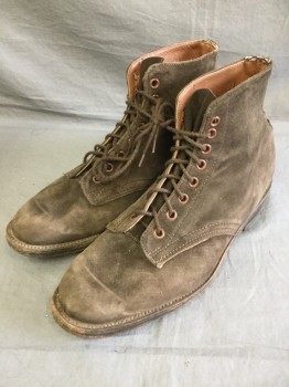 Mens, Boots 1890s-1910s, BAXTER, Chocolate Brown, Suede, Solid, 9, Suede Lace Up Ankle Boot, Toe Raised Line, Aged/Distressed,