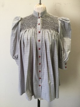 N/L, Lt Gray, Maroon Red, Cream, Medium Gray, Cotton, Plaid-  Windowpane, Smocked Yoke, Gathered Sleeve Inset, 3/4 Sleeve with Cuff, Maroon Button Front, Band Collar