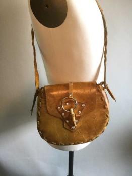 Womens, Purse, Turmeric Yellow, Leather, Floral, Tooled Leather Bag, Braided Strap, Wooded Toggle, Silver Studs