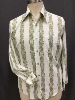 Mens, Dress Shirt, MONTGOMERY WARD, Cream, Olive Green, Yellow, Gray, Poly/Cotton, Hearts, 17, Ornate Hearts In Vertical Stripes, Collar Attached, Button Front, 1 Pocket, Long Sleeves,