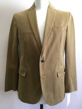 Mens, Sportcoat/Blazer, POLO, Caramel Brown, Cotton, Solid, 42L, Single Breasted, 2 Buttons,  Notched Lapel, Top Stitching, Unlined