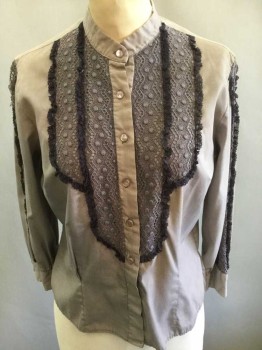 Womens, Blouse, FASHIONED BY GREGORY, Gray, Charcoal Gray, Cotton, Lace, Solid, W:32, B:38, Long Sleeve Button Front, Band Collar,  Lace Panel At Front with Charcoal Lace, Charcoal Lace Ruffle Edges, Lace Insets On Outseam Of Sleeves, Is Actually 1960's But Looks 1900's  **Discolored/Yellowed At Shoulders