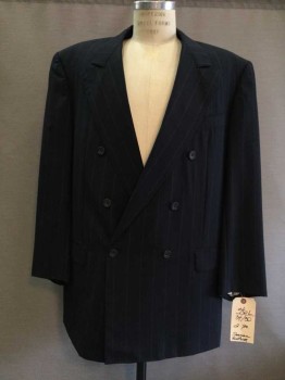 Mens, 1990s Vintage, Suit, Jacket, DORMAN WINTHROP, Navy Blue, Gray, Wool, Stripes - Pin, 46L, Peaked Lapel, Double Breasted, 6 Buttons