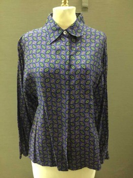 Womens, Blouse, NO LABEL, Purple, Navy Blue, Mustard Yellow, Cotton, Rayon, Novelty Pattern, Long Sleeves, Collar Attached, Button Front, No Shoulder Pads, One Chest Pocket