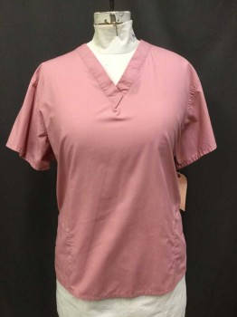 NO LABEL, Rose Pink, Cotton, Solid, Short Sleeve,  V-neck, 2 Pockets, Red Trim At Back Of NeckFC014657