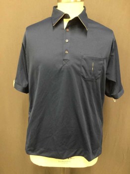 Mens, Polo Shirt, KING LOUIE, Navy Blue, Polyester, Solid, L, S/S, C.A., 4 Buttons, 1 Pocket, Tan Interior Placket/Pocket Decorative Vertical Slit/Arm Cuff Tabs,