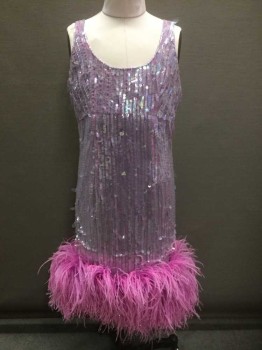Womens, Cocktail Dress, N/L, Lilac Purple, Metallic, Clear, Sequins, Feathers, Solid, W:28, B:32, H:32, Chiffon Base Covered in Metallic Clear Paillettes/Sequins/Clear Beads in Vertical Stripes, Sleeveless, Scoop Neck, Empire Waist, Fluffy/Voluminous Bright Lilac Ostrich Feathers at Hem with Metallic Tinsel Throughout, Invisible Zipper at Center Back, Hem Below Knee, Made To Order