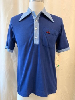 Mens, Polo Shirt, WRANGLER, Navy Blue, Lt Blue, Polyester, Solid, Heathered, M, 4 Buttons, 1 Pocket, Pique Trims,
