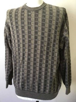 Mens, Sweater, PRONTO UOMO, Taupe, Beige, Black, Gray, Wool, Acrylic, Grid , L, Textured Knit, Variated Stripes, Pullover, U-Neck, Early 1990's