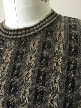 PRONTO UOMO, Taupe, Beige, Black, Gray, Wool, Acrylic, Grid , Textured Knit, Variated Stripes, Pullover, U-Neck, Early 1990's