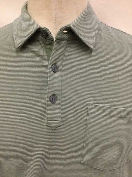 BANANA REPUBLIC, Olive Green, Lt Olive Grn, Cotton, Zig-Zag , Stripes - Horizontal , Olive & Light Olive Small Zigzag  Horizontal Stripes, Collar Attached, 3 Button Front, 1 Pocket, Short Sleeves,