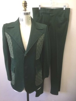 EMPIRE STATE, Forest Green, Beige, Polyester, Geometric, Color Blocking, Self Geometric Textured, with Panels at Chest and Pockets Of Forest Green and Beige Pattern, Single Breasted, Wide Notched Lapel, 3 Buttons,  2 Pockets, Beige Topstitching, Dark Green Lining,
