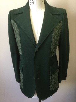 Mens, 1970s Vintage, Suit, Jacket, EMPIRE STATE, Forest Green, Beige, Polyester, Geometric, Color Blocking, 38S, Self Geometric Textured, with Panels at Chest and Pockets Of Forest Green and Beige Pattern, Single Breasted, Wide Notched Lapel, 3 Buttons,  2 Pockets, Beige Topstitching, Dark Green Lining,