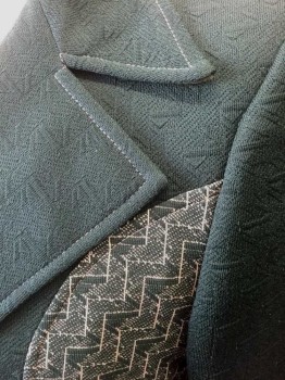 EMPIRE STATE, Forest Green, Beige, Polyester, Geometric, Color Blocking, Self Geometric Textured, with Panels at Chest and Pockets Of Forest Green and Beige Pattern, Single Breasted, Wide Notched Lapel, 3 Buttons,  2 Pockets, Beige Topstitching, Dark Green Lining,