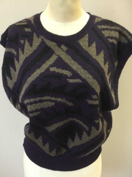 Womens, Vest, ORIGINALLY GROWN, Aubergine Purple, Taupe, Black, Acrylic, Nylon, Abstract , M, Crew Neck, Taupe & Black Lines and Curves
