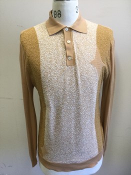 Mens, Polo Shirt, N/L, Beige, Mustard Yellow, White, Polyester, Color Blocking, Diamonds, M, Banlon Knit, Textured Beige/White Front, with Mustard Textured Panels at Side Front, Beige Diamond Detail at Chest, Rib Knit Beige Collar Attached, Beige Solid Long Sleeves, 3 Button Placket at Neck, Solid Beige Back,