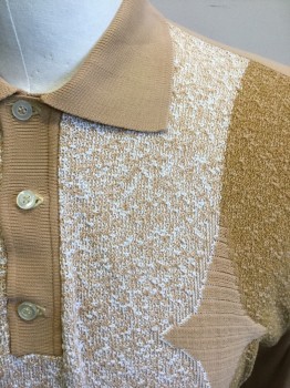 Mens, Polo Shirt, N/L, Beige, Mustard Yellow, White, Polyester, Color Blocking, Diamonds, M, Banlon Knit, Textured Beige/White Front, with Mustard Textured Panels at Side Front, Beige Diamond Detail at Chest, Rib Knit Beige Collar Attached, Beige Solid Long Sleeves, 3 Button Placket at Neck, Solid Beige Back,