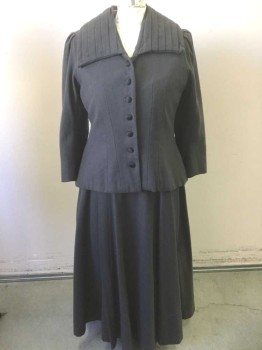 N/L, Dk Gray, Black, Wool, Acrylic, Solid, 3/4 Sleeve, 7 Black Satin Covered Buttons, Large Collar with Vertical Pleats, Mauve Silk Lining, Made To Order